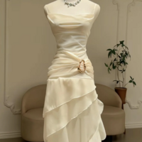 Vintage Spaghetti Strap Ivory Chiffon Evening Dress - Thumbnail 1