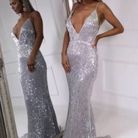 Mermaid Silver Sequin Prom Dresses with Open Back - Thumbnail 1