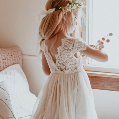 Cute capped sleeve lace back flowers girl dress