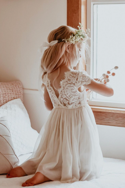 Cute Capped Sleeve Lace Back Flowers Girl Dress