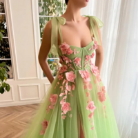 Luxury Green Tulle French Slit Evening Dress with Elegant Detailing - Thumbnail 2