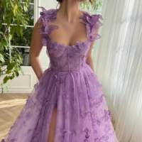 Elegant Lace & Tulle Spaghetti Strap Evening Gown with Slit - Thumbnail 3