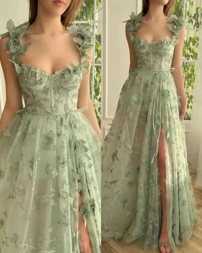 Elegant Lace & Tulle Spaghetti Strap Evening Gown with Slit
