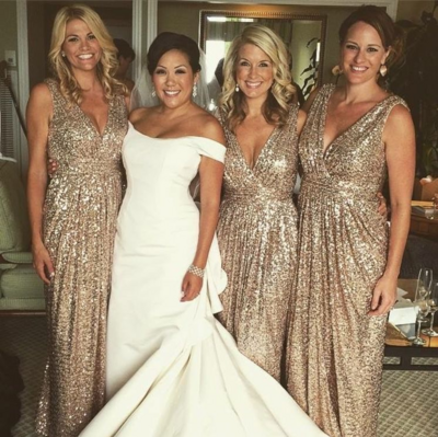 Sparkly V Neck Sequined Long Bridesmaid Dresses