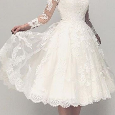 Beautiful tea length lace wedding dress with long sleeves