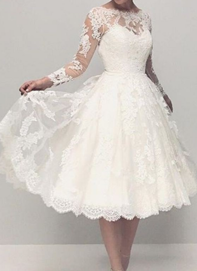 Beautiful Tea Length Lace Wedding Dress With Long Sleeves