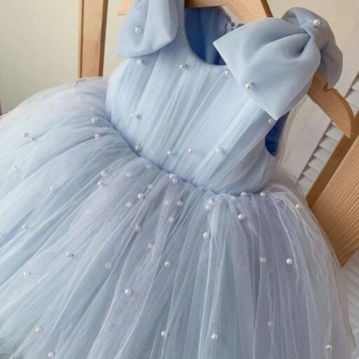 Cute sky blue flower girl dresses with pearls