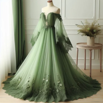 Off the shoulder v-neck tulle green party dress wedding dress with lace applique