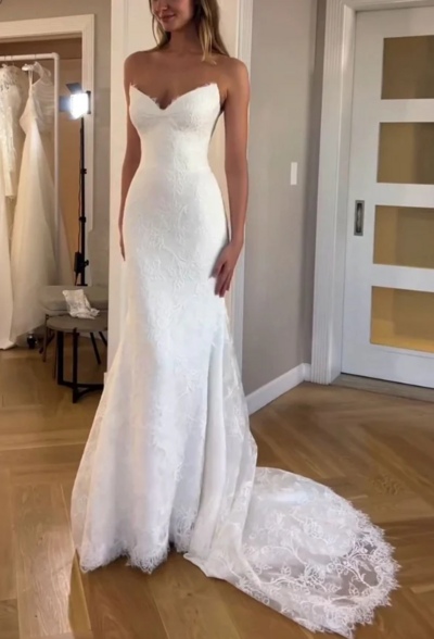 Elegant Mermaid V Neck Lace Long Wedding Dresses