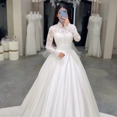A line satin lace wedding dress bridal gowns with long sleeves