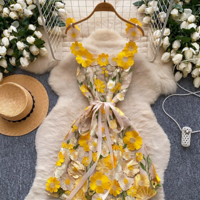 Luxury chic 3d floral embroidered bandage party dress