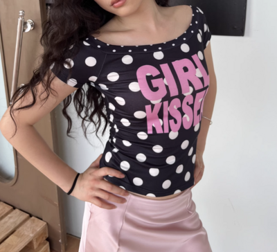 Retro Millennial Hottie Polka Dot Letter Print Sexy Short Sleeve Top