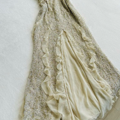 Spaghetti straps sequin long prom dresses with slit - Thumbnail 1