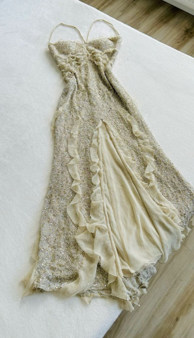 Spaghetti Straps Sequin Long Prom Dresses With Slit