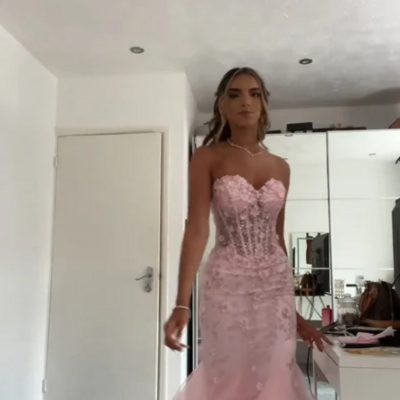 Mermaid pink tulle long prom dress with lace - Thumbnail 1