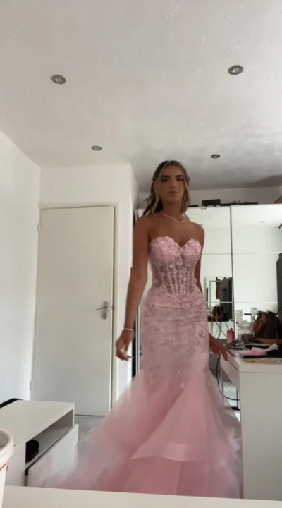 Mermaid Pink Tulle Long Prom Dress With Lace