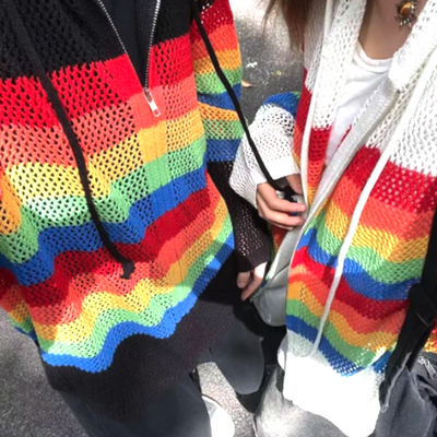 Rainbow stripe knit zip hoodie 