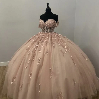 Unique light pink ball gown sleeveless prom dresses - Thumbnail 1