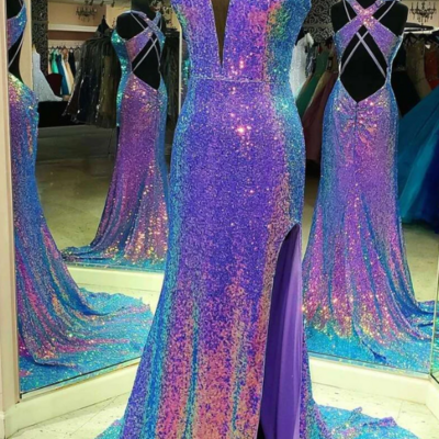 Multi sequins purple v-neck cross back long prom dress  - Thumbnail 1