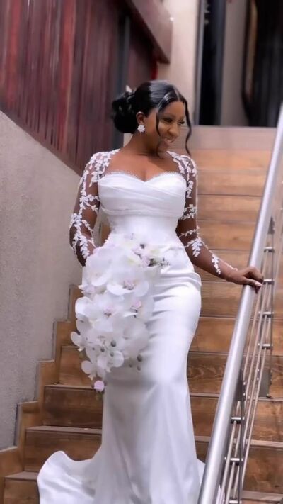 Elegant Wedding Dress, Mermaid Long Sleeve Lace African Girls Bridal Dress Bridal Gown