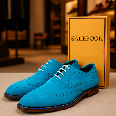 Men's Premium Blue Suede Oxford Brogue Dress Shoes Handmade Luxury Formal Footwear UK