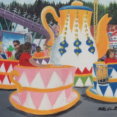 "tea cups" carnival ride painting by n.e.thompson, framed original artwork, size 8x10 inch canvas panel