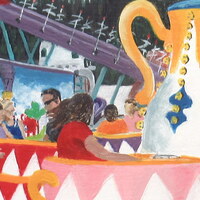 "Tea Cups" Carnival ride painting by N.E.Thompson, Framed original artwork, size 8x10 inch canvas panel - Thumbnail 1