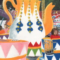 "Tea Cups" Carnival ride painting by N.E.Thompson, Framed original artwork, size 8x10 inch canvas panel - Thumbnail 2