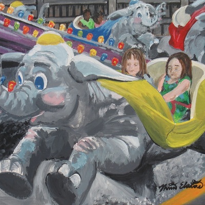 "flying elephants" carnival ride painting by n.e.thompson, framed original artwork, size 8x10 inch canvas panel