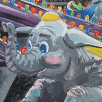 "Flying Elephants" Carnival ride painting by N.E.Thompson, Framed original artwork, size 8x10 inch canvas panel - Thumbnail 1