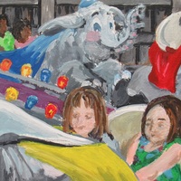 "Flying Elephants" Carnival ride painting by N.E.Thompson, Framed original artwork, size 8x10 inch canvas panel - Thumbnail 4