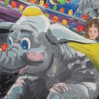 "Flying Elephants" Carnival ride painting by N.E.Thompson, Framed original artwork, size 8x10 inch canvas panel - Thumbnail 5