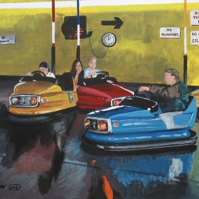 "bumper cars" carnival ride painting by n.e.thompson, framed original artwork, size 18x24 inch canvas panel