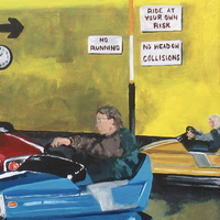 "Bumper Cars" Carnival ride painting by N.E.Thompson, Framed original artwork, size 18x24 inch canvas panel - Thumbnail 1