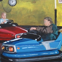 "Bumper Cars" Carnival ride painting by N.E.Thompson, Framed original artwork, size 18x24 inch canvas panel - Thumbnail 2