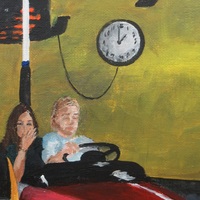 "Bumper Cars" Carnival ride painting by N.E.Thompson, Framed original artwork, size 18x24 inch canvas panel - Thumbnail 3