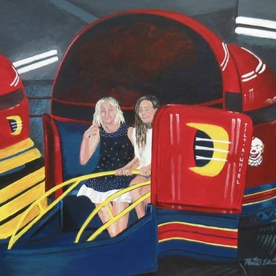 "tilt a whirl" carnival ride painting by n.e.thompson, framed original artwork, size 18x24 inch canvas panel
