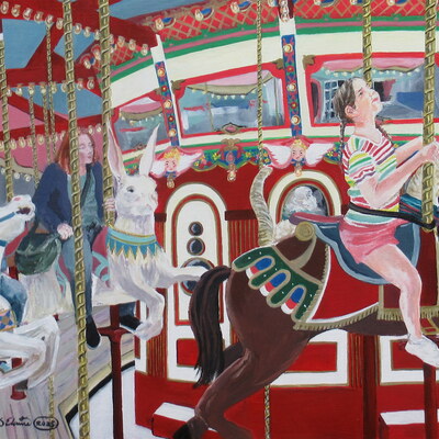 "carousel" carnival ride painting by n.e.thompson, framed original artwork, size 18x24 inch canvas panel