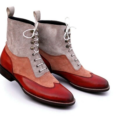 Crafted leather men classic tri tone  leather and suede wingtip ankle high balmoral dress boot