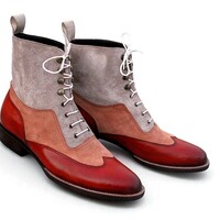 Crafted Leather Men Classic Tri Tone  Leather and Suede Wingtip Ankle High Balmoral Dress Boot - Thumbnail 1