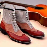 Crafted Leather Men Classic Tri Tone  Leather and Suede Wingtip Ankle High Balmoral Dress Boot - Thumbnail 3