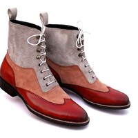 Crafted Leather Men Classic Tri Tone  Leather and Suede Wingtip Ankle High Balmoral Dress Boot - Thumbnail 2