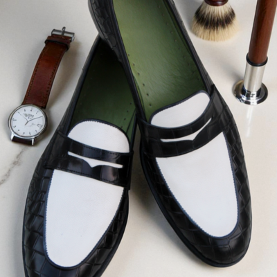 Crafted leather handmade classic two tone black white crocodile/alligator leather dress shoes - Thumbnail 2