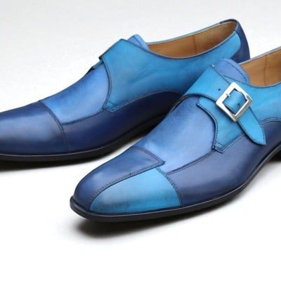 Crafted leather handmade men classic blue leather monk strap dress shoes - Thumbnail 2