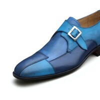 Crafted Leather Handmade Men Classic Blue Leather Monk Strap Dress Shoes - Thumbnail 1