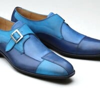 Crafted Leather Handmade Men Classic Blue Leather Monk Strap Dress Shoes - Thumbnail 2
