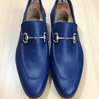 Crafted Leather Classic Men Blue Leather Horsebit Moccasin Loafers Dress Shoes - Thumbnail 3