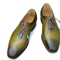 Crafted Leather Classic Green Patina Leather Oxford Formal Lace up Dress Shoes - Thumbnail 1