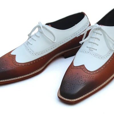 Crafted leather classic men brown white oxford dress shoes - Thumbnail 3