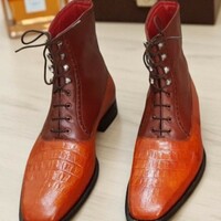 Crafted Leather Handmade Classic Brown Tan Crocodile Leather Alligator Ankle High Lace up Dress Boot - Thumbnail 1